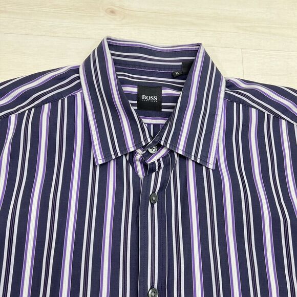 Hugo Boss Button Down Long Sleeve Dress Shirt Men XL Striped Purple Cotton - Picture 2 of 14